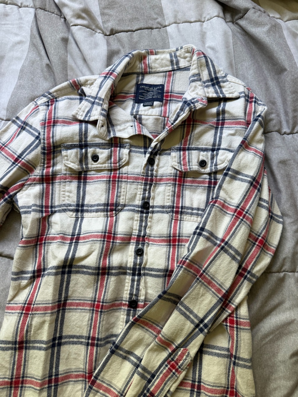 American Eagle Outfitters Cream Shirt with Red & Navy Plaid